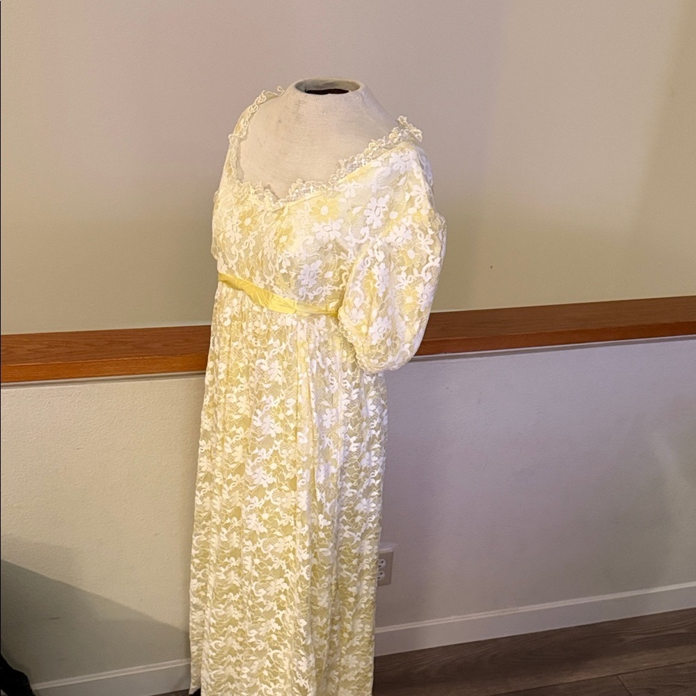 Vintage 1960s Yellow Taffeta Floral Overlay Prom Dress | Puffed Sleeves  Gown - Picture 8 of 16